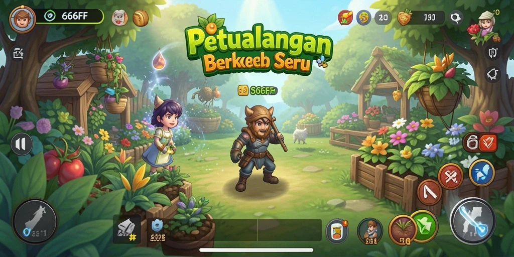 Screenshot gameplay yang menggambarkan aktivitas berkebun di 666FF.